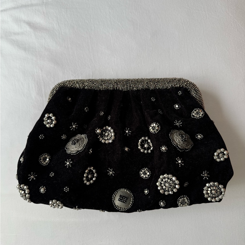 Anthropologie Black and Silver Embellished Clutch